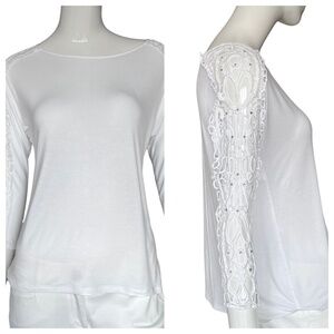 INC International Concepts White Tee With Lace Sleeves Size Small